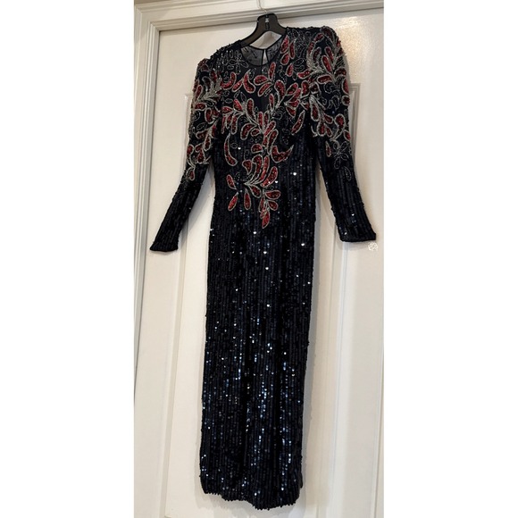 VTG 90s‎ Niteline Dress Women Sz 6 Black Silk All Sequin Floral Beaded Maxi Gown - Picture 7 of 14